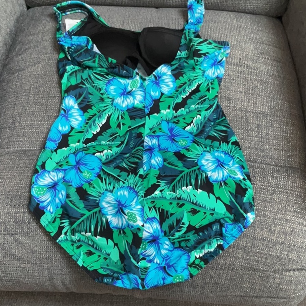 New with tags. Blue and Green One Piece Swimsuit with Tropical Print - Picture 2 of 3